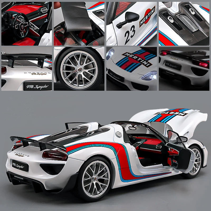 1:18 918 Spyder Martini Alloy Sports Car Model Diecasts Metal Toy Racing Car Vehicles Model Simulation Sound and Light Kids Gift