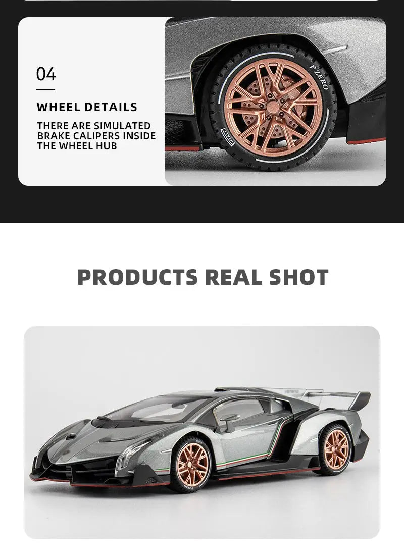 Diecast Car for Veneno Model Car 1/24 Scale Sports Toy Vehicle Door Can Be Opened Toy Car Front Wheel Steerable