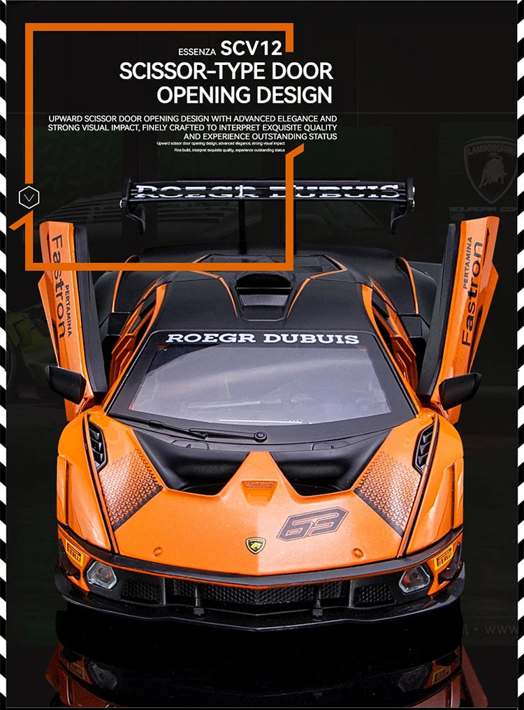 1:24 Scale Lamborghini SCV12 Diecast Car Model with Sound and Light Effects, Spring-Loaded Action