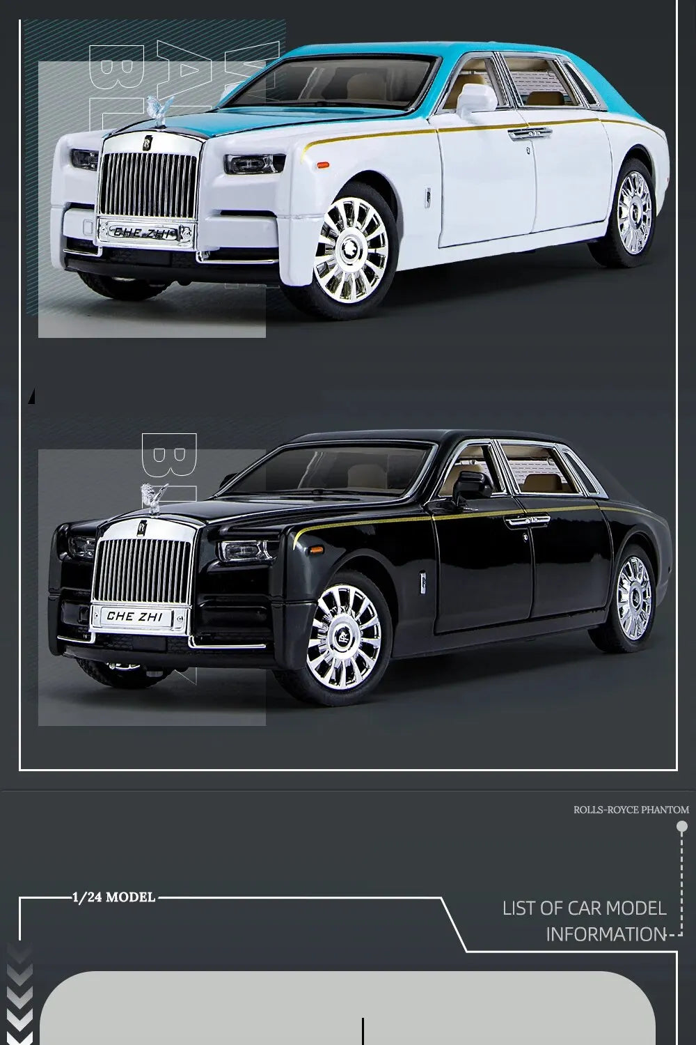 1:24 RR Phantom Model Zinc Alloy Pull Back Diecast Toy Cars with Sound and Light for Kids Boy Girl Gift