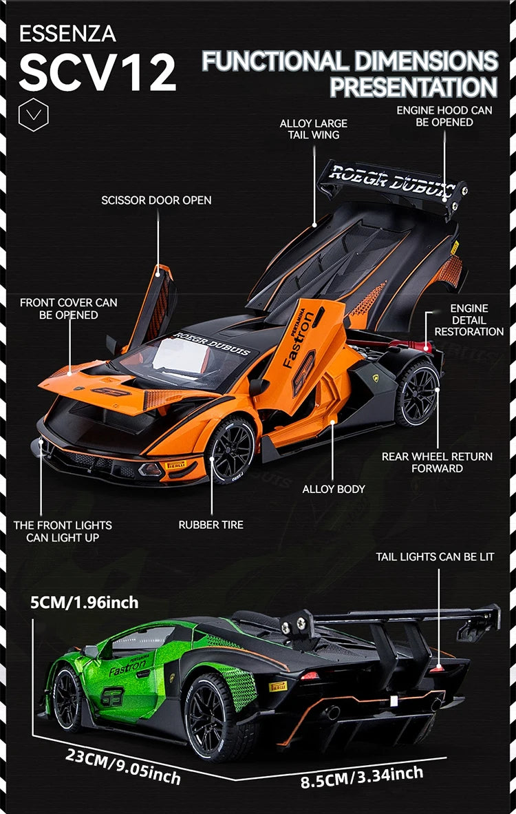 1:24 Scale Lamborghini SCV12 Diecast Car Model with Sound and Light Effects, Spring-Loaded Action