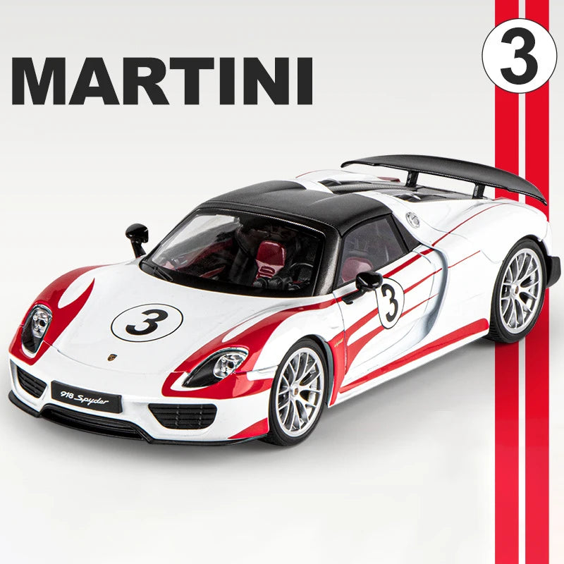 1:18 918 Spyder Martini Alloy Sports Car Model Diecasts Metal Toy Racing Car Vehicles Model Simulation Sound and Light Kids Gift