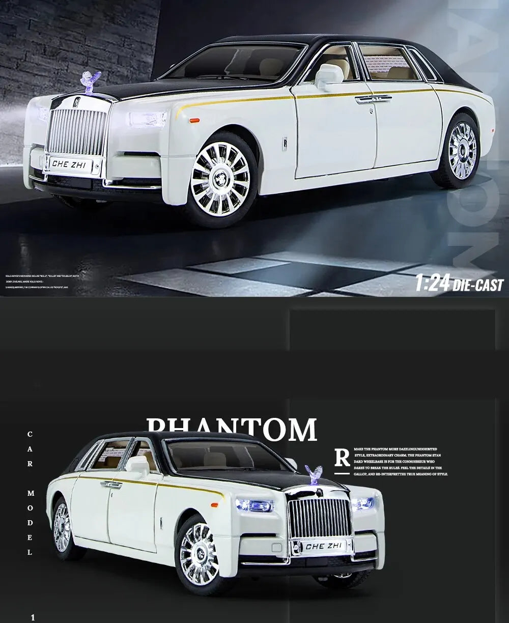 1:24 RR Phantom Model Zinc Alloy Pull Back Diecast Toy Cars with Sound and Light for Kids Boy Girl Gift