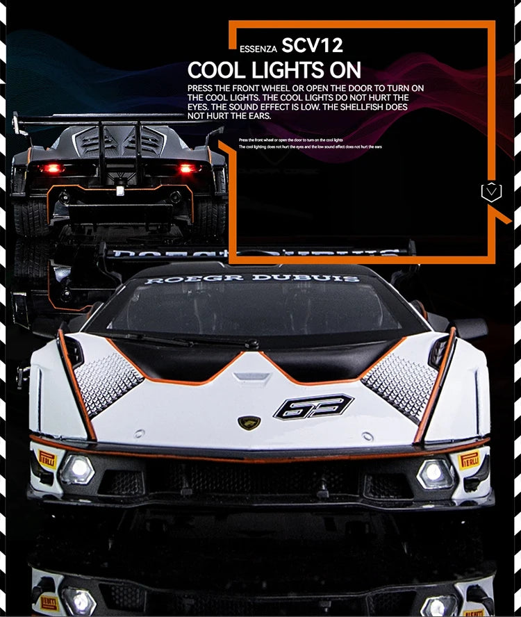 1:24 Scale Lamborghini SCV12 Diecast Car Model with Sound and Light Effects, Spring-Loaded Action