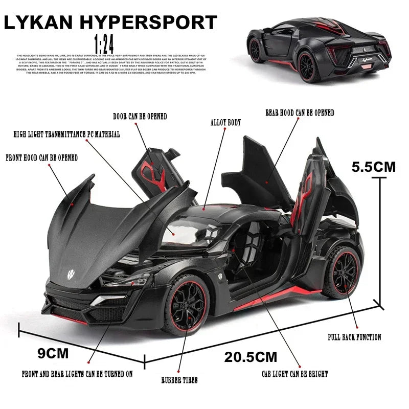 1:24 Lykan Hyper Sports Car Alloy Pull Back Car Model Simulation Sound And Light Can Open The Door Diecast Toy Car Boy Toys Gift