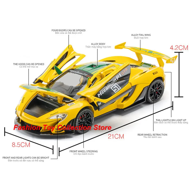 1: 22 Mccallum P1 GTR Alloy Car Model High Simulation Diecasts Toy With Sound and Light Pull Back Vehicles Decoration Toys